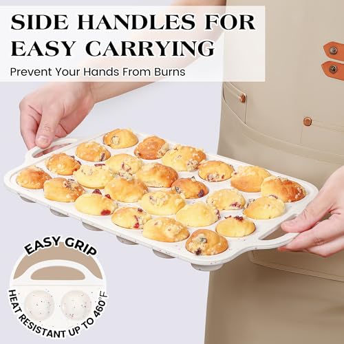 AOTASO 2 Pcs Mini Muffin Pans with Metal Reinforced Frame, 24 Cups Nonstick Silicone Cupcake Tray for Baking, Food Grade Small Muffin Molds with Handles (Cream) - Image 3
