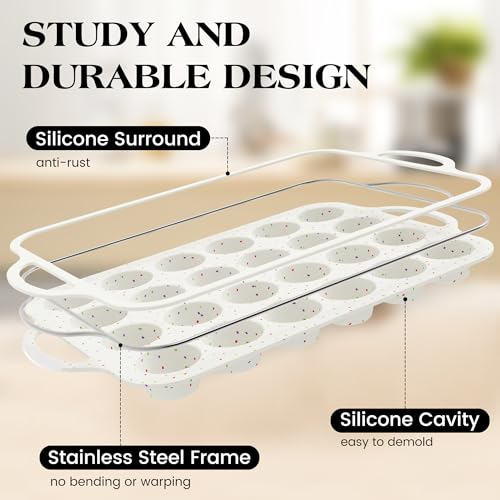 AOTASO 2 Pcs Mini Muffin Pans with Metal Reinforced Frame, 24 Cups Nonstick Silicone Cupcake Tray for Baking, Food Grade Small Muffin Molds with Handles (Cream) - Image 2