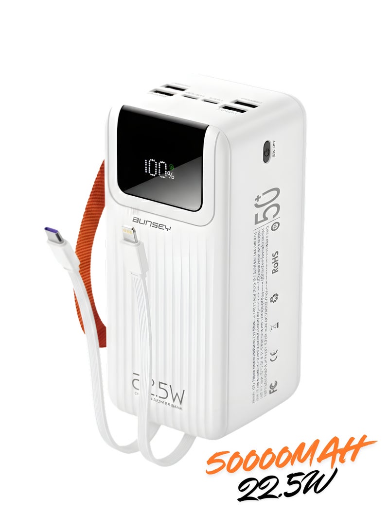 بونسي باور بانك Bunsey بسعة 50000 مللي أمبير وقوة شحن سريع 22.5 واط - 4 كابلات مدمجة (Lightning/Type-C/USB/Micro)، 4 منافذ USB + منفذان Type-C، شاشة عرض رقمية - متوافق مع أجهزة iPhone 15/14/13/12، Samsung S24/S23/S22، Xiaomi، Huawei، Oppo، Vivo وجميع أجهزة Android - شاحن محمول فائق القوة - أبيض - Image 1