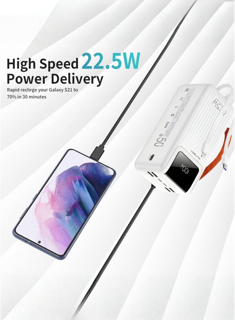 بونسي باور بانك Bunsey بسعة 50000 مللي أمبير وقوة شحن سريع 22.5 واط - 4 كابلات مدمجة (Lightning/Type-C/USB/Micro)، 4 منافذ USB + منفذان Type-C، شاشة عرض رقمية - متوافق مع أجهزة iPhone 15/14/13/12، Samsung S24/S23/S22، Xiaomi، Huawei، Oppo، Vivo وجميع أجهزة Android - شاحن محمول فائق القوة - أبيض - Image 5