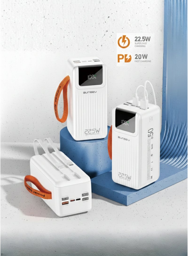 بونسي باور بانك Bunsey بسعة 50000 مللي أمبير وقوة شحن سريع 22.5 واط - 4 كابلات مدمجة (Lightning/Type-C/USB/Micro)، 4 منافذ USB + منفذان Type-C، شاشة عرض رقمية - متوافق مع أجهزة iPhone 15/14/13/12، Samsung S24/S23/S22، Xiaomi، Huawei، Oppo، Vivo وجميع أجهزة Android - شاحن محمول فائق القوة - أبيض - Image 2