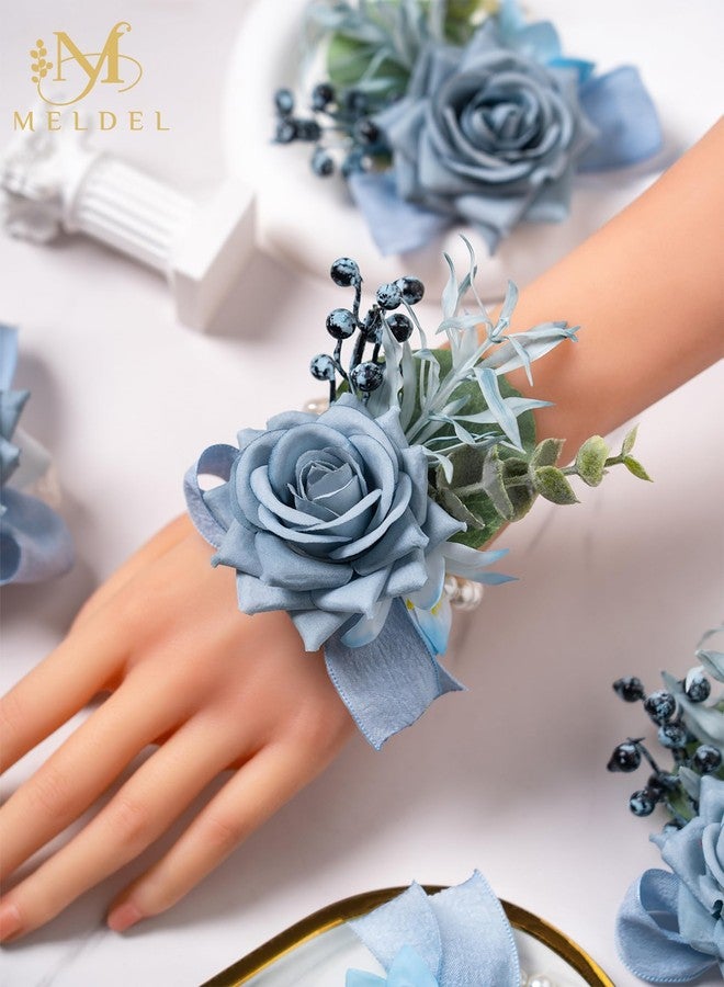 Meldel Dusty Blue Rose Wrist Corsage for Women, Set of 6, Wedding Bridal Corsage Hand Flower Decor for Prom Corsages Party Homecoming, Wristband Flowers for Bride Bridesmaid Girl Mother Wristlet Décor - Image 3