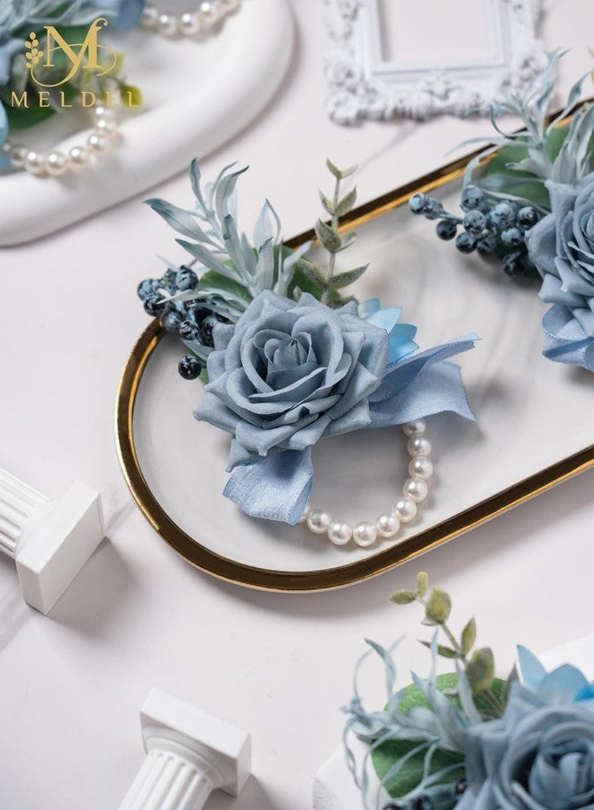 Meldel Dusty Blue Rose Wrist Corsage for Women, Set of 6, Wedding Bridal Corsage Hand Flower Decor for Prom Corsages Party Homecoming, Wristband Flowers for Bride Bridesmaid Girl Mother Wristlet Décor - Image 2