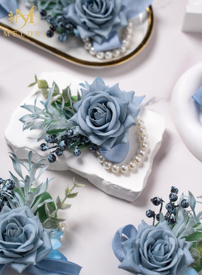 Meldel Dusty Blue Rose Wrist Corsage for Women, Set of 6, Wedding Bridal Corsage Hand Flower Decor for Prom Corsages Party Homecoming, Wristband Flowers for Bride Bridesmaid Girl Mother Wristlet Décor - Image 5