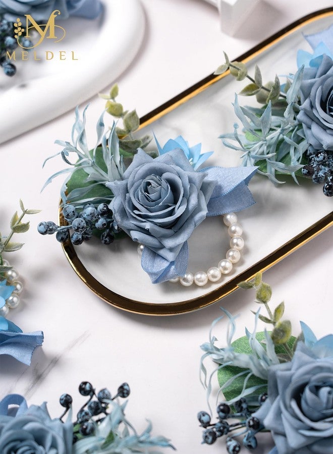 Meldel Dusty Blue Rose Wrist Corsage for Women, Set of 6, Wedding Bridal Corsage Hand Flower Decor for Prom Corsages Party Homecoming, Wristband Flowers for Bride Bridesmaid Girl Mother Wristlet Décor - Image 4
