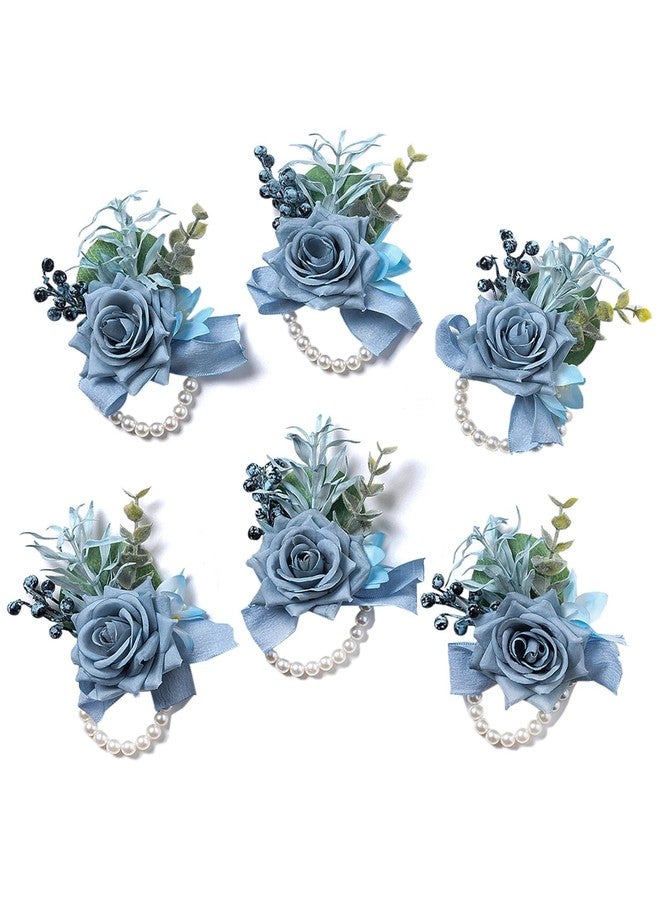 Meldel Dusty Blue Rose Wrist Corsage for Women, Set of 6, Wedding Bridal Corsage Hand Flower Decor for Prom Corsages Party Homecoming, Wristband Flowers for Bride Bridesmaid Girl Mother Wristlet Décor - Image 1