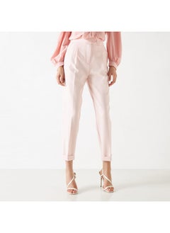 Solid Tapered Pants with Button Accent and Pockets