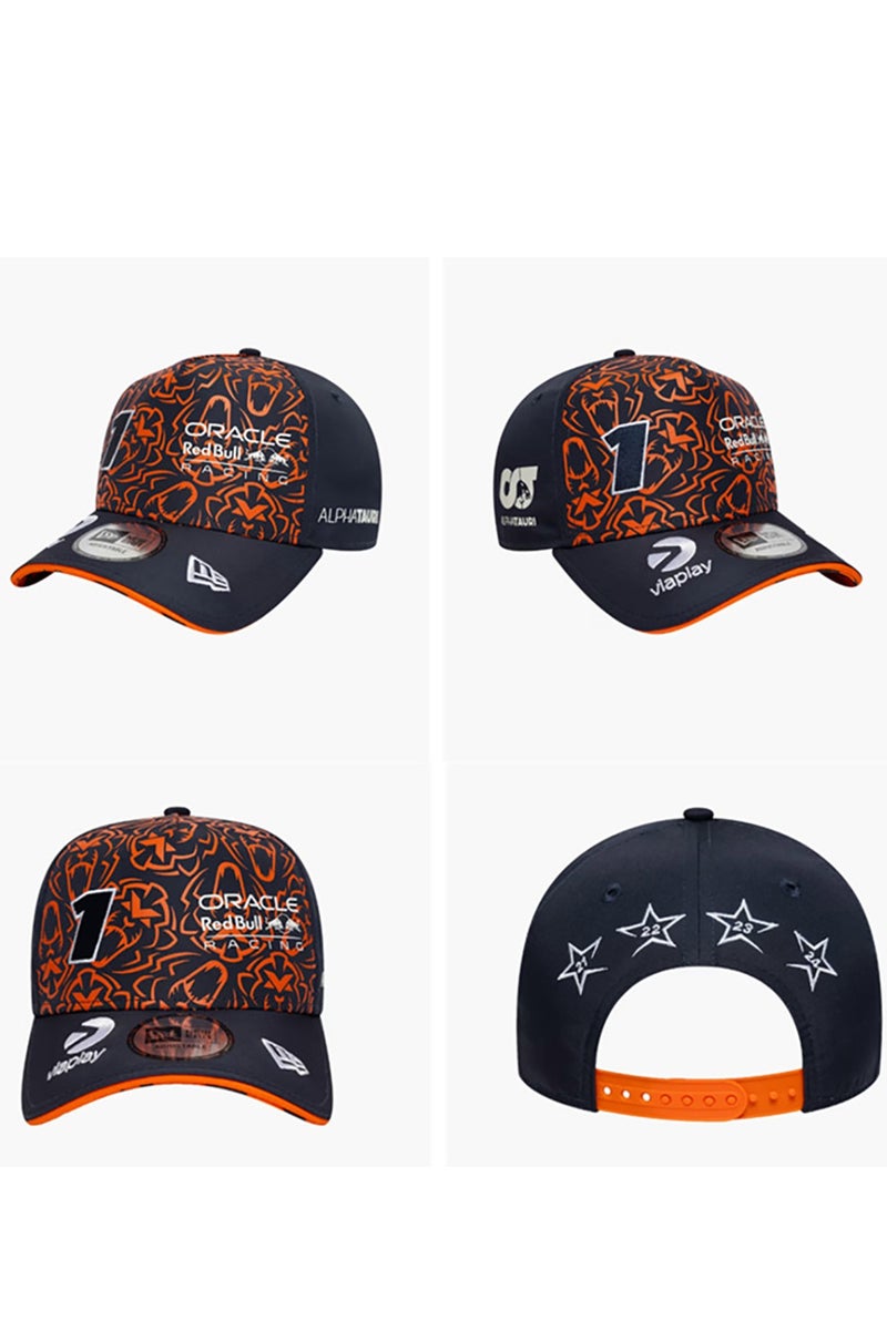 Oracle Red Bull Racing Co - branded Baseball Cap, Orange - Black Pattern, Number 1 & Multi - Brand Logos Edition