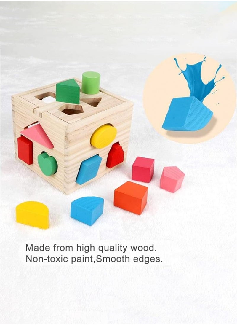 LOOPITYS - Wooden shape classification cube toy, 13 colored wooden geometric shape blocks and classification boxes, children's learning matching game, children's preschool education learning toys - Image 1