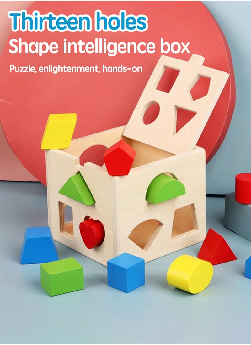 LOOPITYS - Wooden shape classification cube toy, 13 colored wooden geometric shape blocks and classification boxes, children's learning matching game, children's preschool education learning toys - Image 1