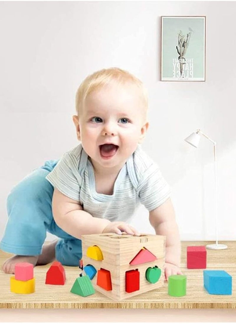 LOOPITYS - Wooden shape classification cube toy, 13 colored wooden geometric shape blocks and classification boxes, children's learning matching game, children's preschool education learning toys - Image 1