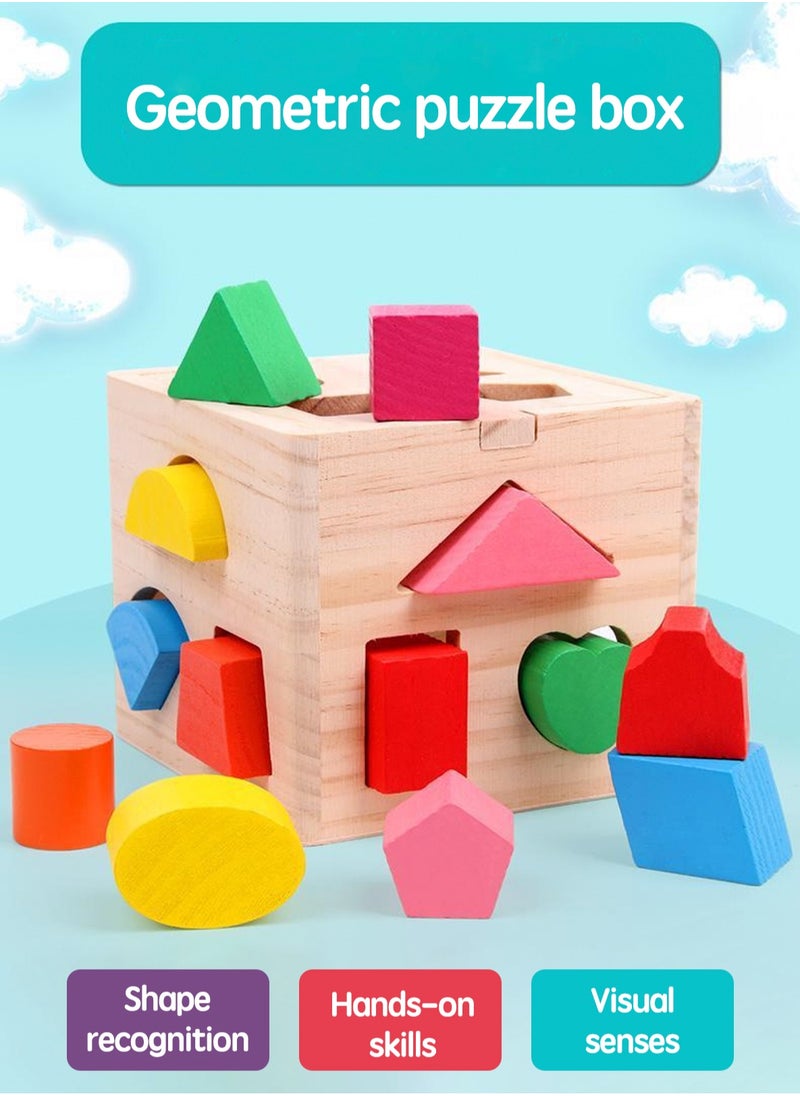 LOOPITYS - Wooden shape classification cube toy, 13 colored wooden geometric shape blocks and classification boxes, children's learning matching game, children's preschool education learning toys - Image 1