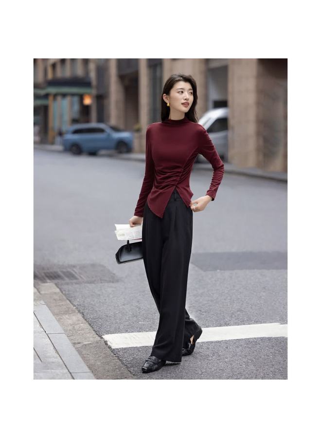 dme Demana [with Breathable Lyocell] Autumn Vintage Style Asymmetric Ruched Long Sleeve Women's Turtleneck T-shirt - Image 2