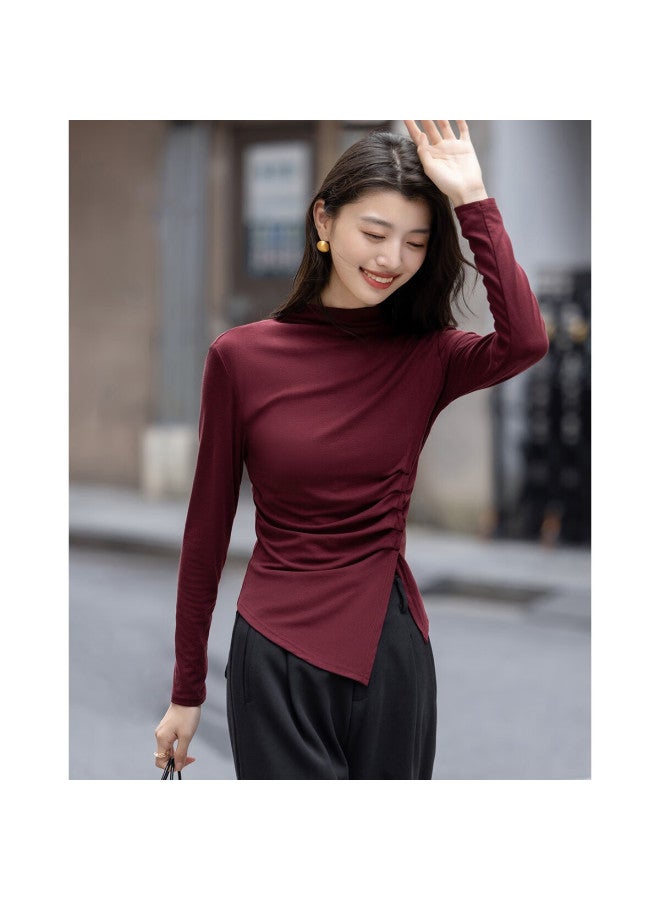 dme Demana [with Breathable Lyocell] Autumn Vintage Style Asymmetric Ruched Long Sleeve Women's Turtleneck T-shirt - Image 4