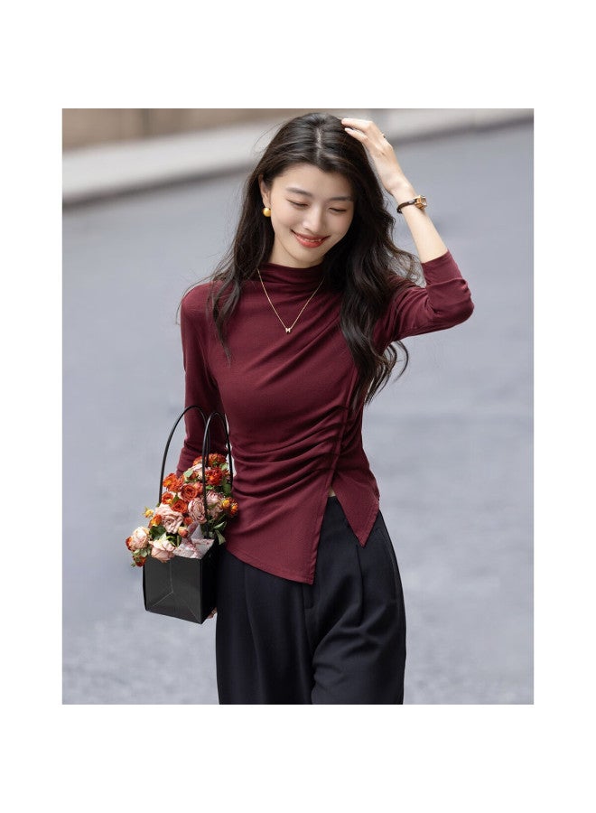 dme Demana [with Breathable Lyocell] Autumn Vintage Style Asymmetric Ruched Long Sleeve Women's Turtleneck T-shirt - Image 5