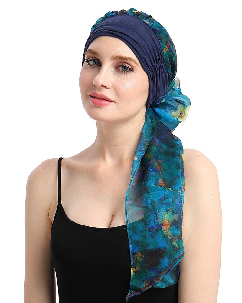 FocusCare Breathable Cancer Turban Cap for Chemo Patients Pre-tie Headcovers for Alopecia Women Blue Sea - Image 4