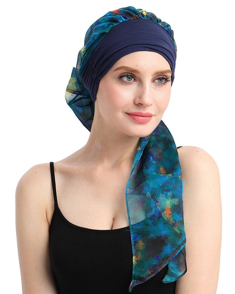 FocusCare Breathable Cancer Turban Cap for Chemo Patients Pre-tie Headcovers for Alopecia Women Blue Sea - Image 2