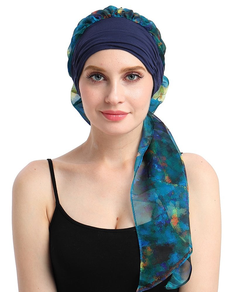 FocusCare Breathable Cancer Turban Cap for Chemo Patients Pre-tie Headcovers for Alopecia Women Blue Sea - Image 1