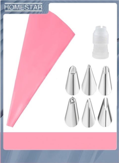 Reusable Silicone Piping Bag with 6 Stainless Steel Nozzles & Coupler - Cake Cream Decorating, Cookie Icing, Pastry Baking Tool Set for Home Kitchen & Professional Use