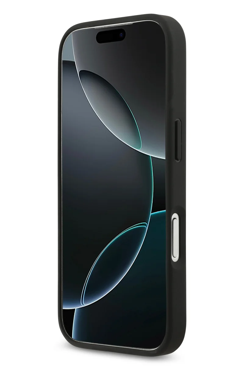 جس جراب iPhone 17 Pro Max من البولي يوريثان مع فتحة للبطاقات وشعار معدني / تصميم نحيف للغاية / خفيف الوزن / سهل التركيب - أسود
