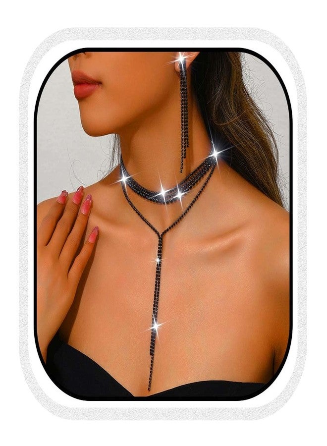 CLOACE Rhinestone Necklace Set Sparkly Diamond Neckalces Earring Sets Prom Wedding Accessories for Women (Black) - Image 1