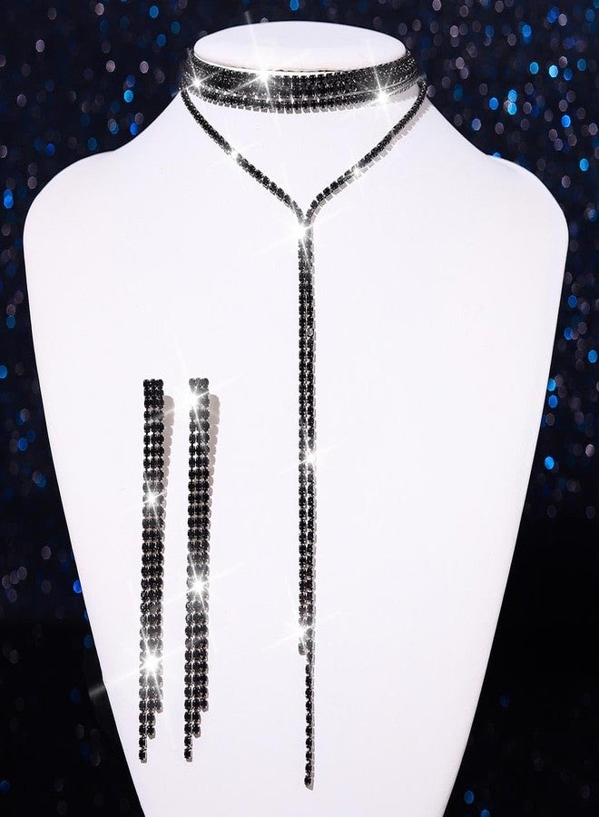 CLOACE Rhinestone Necklace Set Sparkly Diamond Neckalces Earring Sets Prom Wedding Accessories for Women (Black) - Image 2