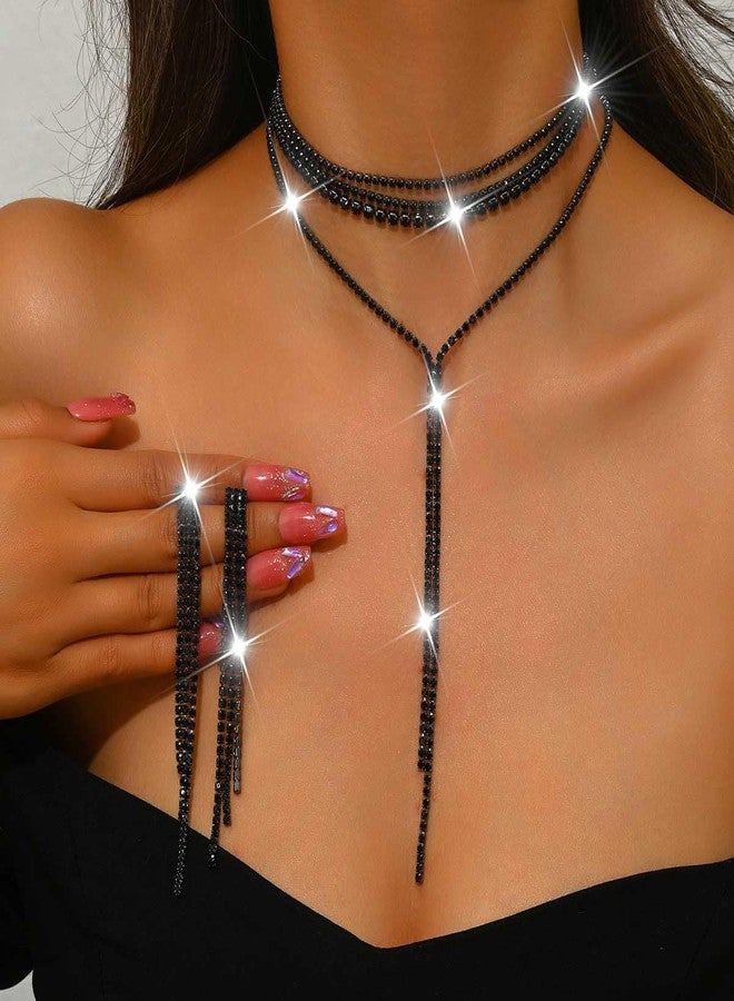 CLOACE Rhinestone Necklace Set Sparkly Diamond Neckalces Earring Sets Prom Wedding Accessories for Women (Black) - Image 4