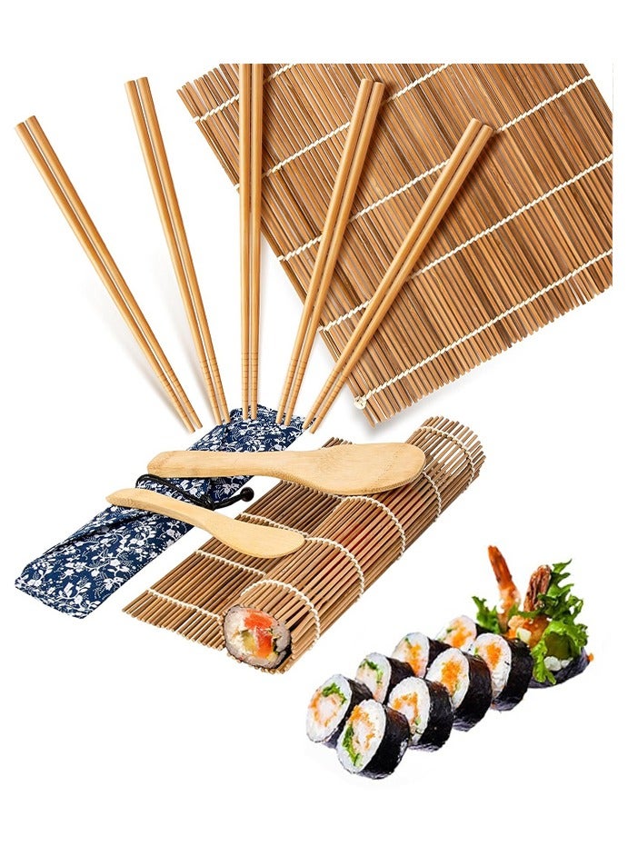 مجموعة أدوات صنع السوشي، حصيرة سوشي من الخيزران، تتضمن حصيرتين من الخيزران لف السوشي، 5 أزواج من عيدان الطعام، حقيبة عيدان الطعام على الطريقة اليابانية، 1 مجداف، 1 موزعة - Image 1