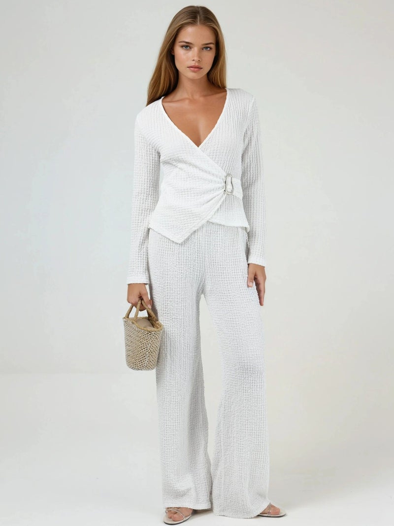 BUSEM Textured V-Neck Wrap Top with Belt - Image 3