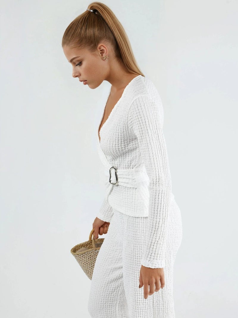 BUSEM Textured V-Neck Wrap Top with Belt - Image 2