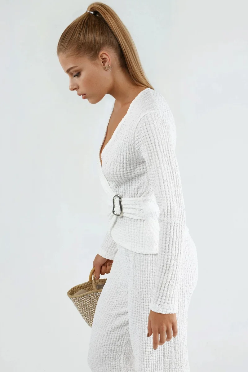 بوسيم BUSEM Textured V-Neck Wrap Top with Belt