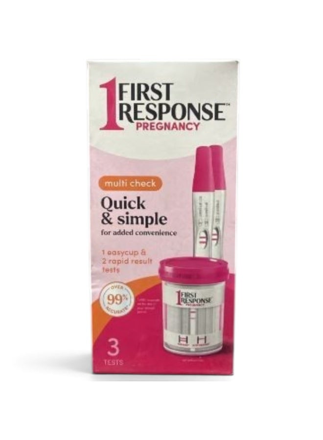 First Response Multi Check Quick & Simple Pregnancy Test Kit, 1 EasyCup Test with Built-in Pregnancy Test Strip, and 2 Rapid Result Pregnancy Tests, 1 Kit Packaging May Vary - Image 1