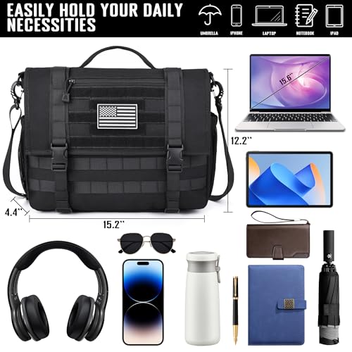 MOZETO Mens Messenger Bag, Tactical Inspired 15.6 Inch Laptop Briefcases Computer Satchel Office Work Bag for Men YKK-Zippers, Black - Image 2