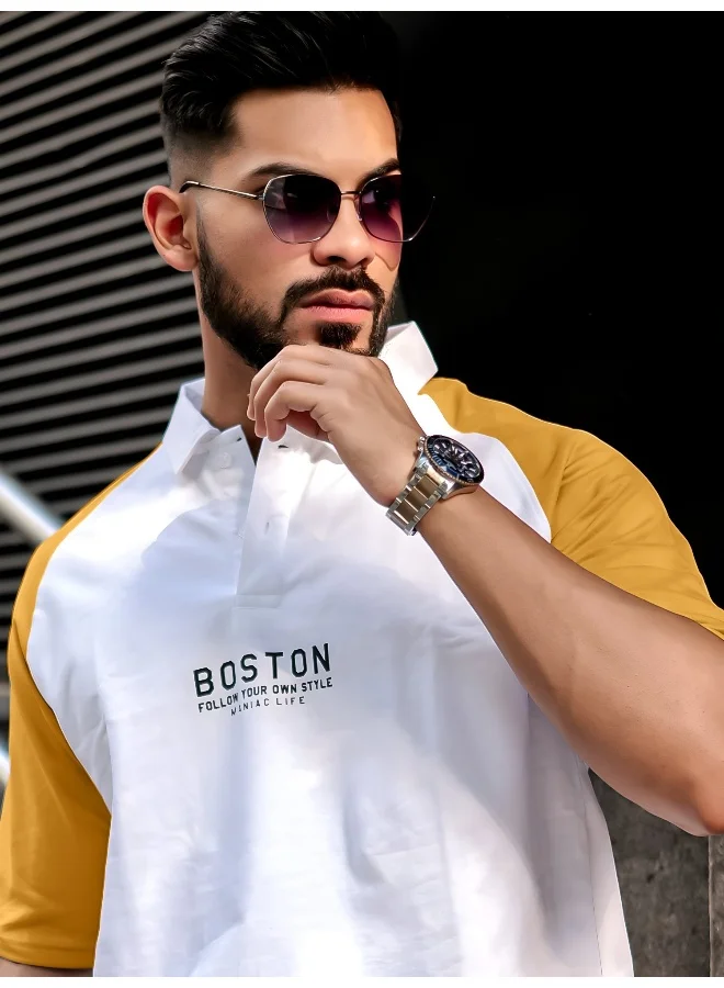 Maniac Maniac Mens Printed Raglan Polo Neck Half Sleeve White and Mustard Cotton Oversized T-Shirt