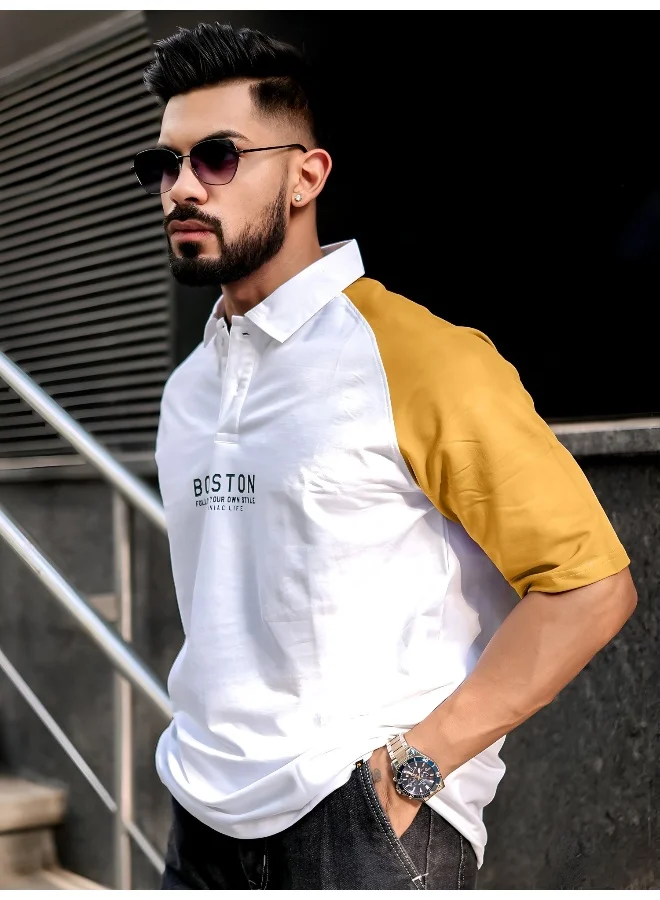 Maniac Maniac Mens Printed Raglan Polo Neck Half Sleeve White and Mustard Cotton Oversized T-Shirt