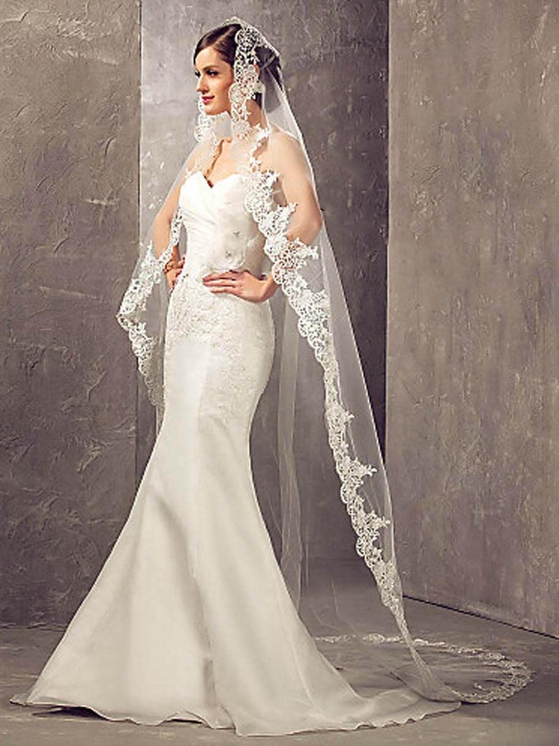Unsutuo Cathedral Wedding Veil 1 Tier Lace Applique Bridal Veil Long Tulle Veil with Comb for Women and Bride (Ivory) - Image 3