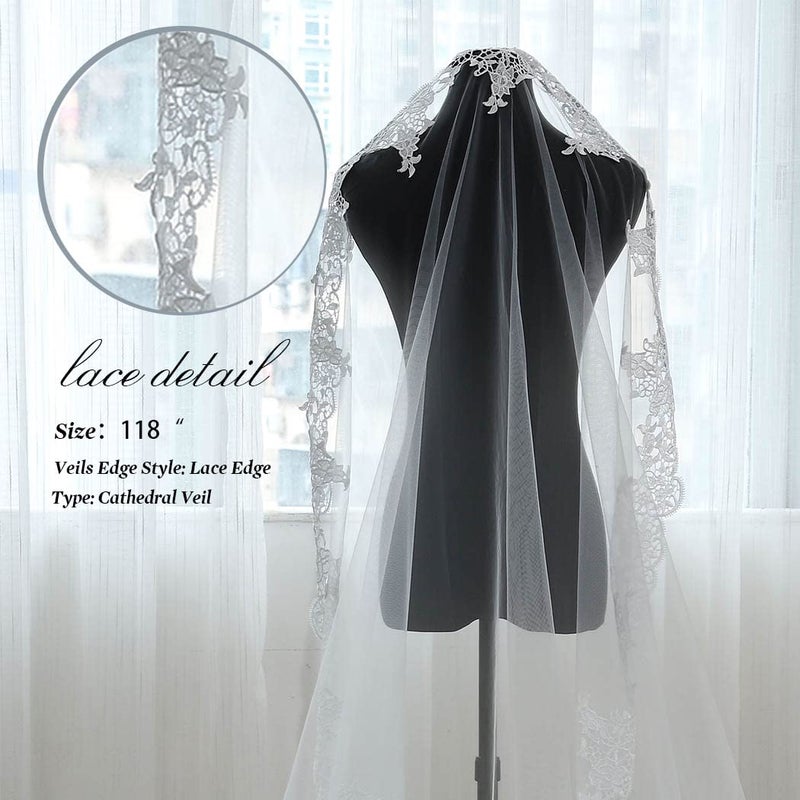 Unsutuo Cathedral Wedding Veil 1 Tier Lace Applique Bridal Veil Long Tulle Veil with Comb for Women and Bride (Ivory) - Image 5