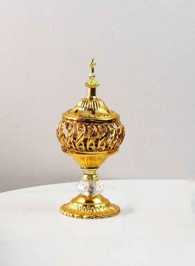 مبخر البخور الذهبي العربي الفاخر مع قاعدة كريستالية، ديكور العلاج بالروائح التقليدي الشرق أوسطي (20 سم × 8 سم، 147 جرام) - Image 1
