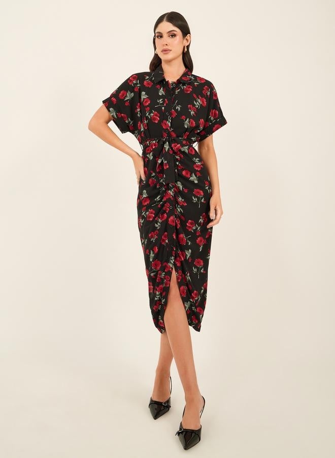 Floral Print Collared Shirt Midi Dress