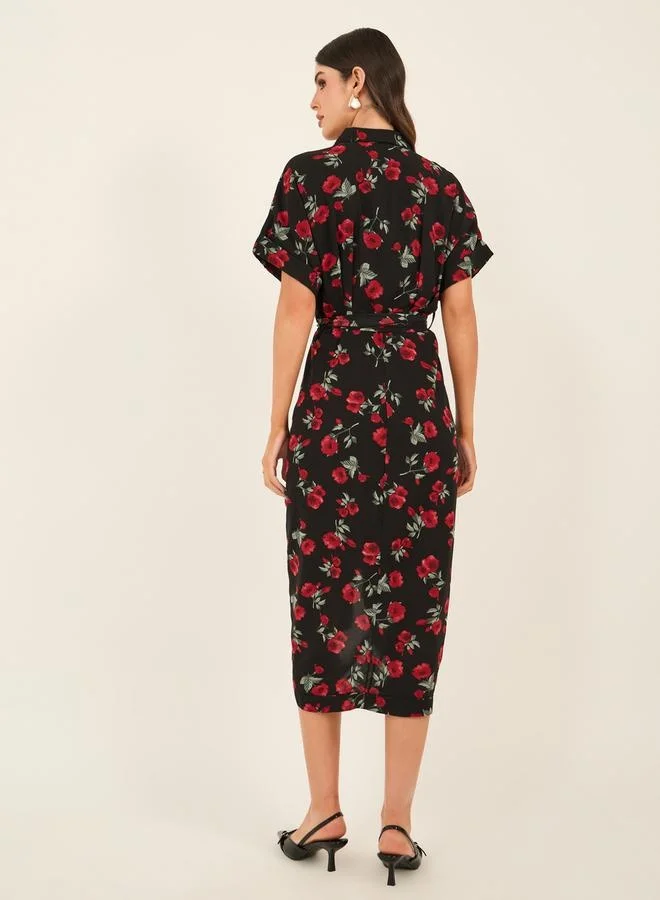 Styli Floral Print Collared Shirt Midi Dress