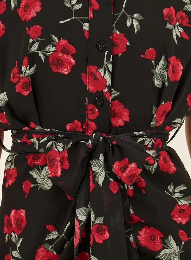 Styli Floral Print Collared Shirt Midi Dress
