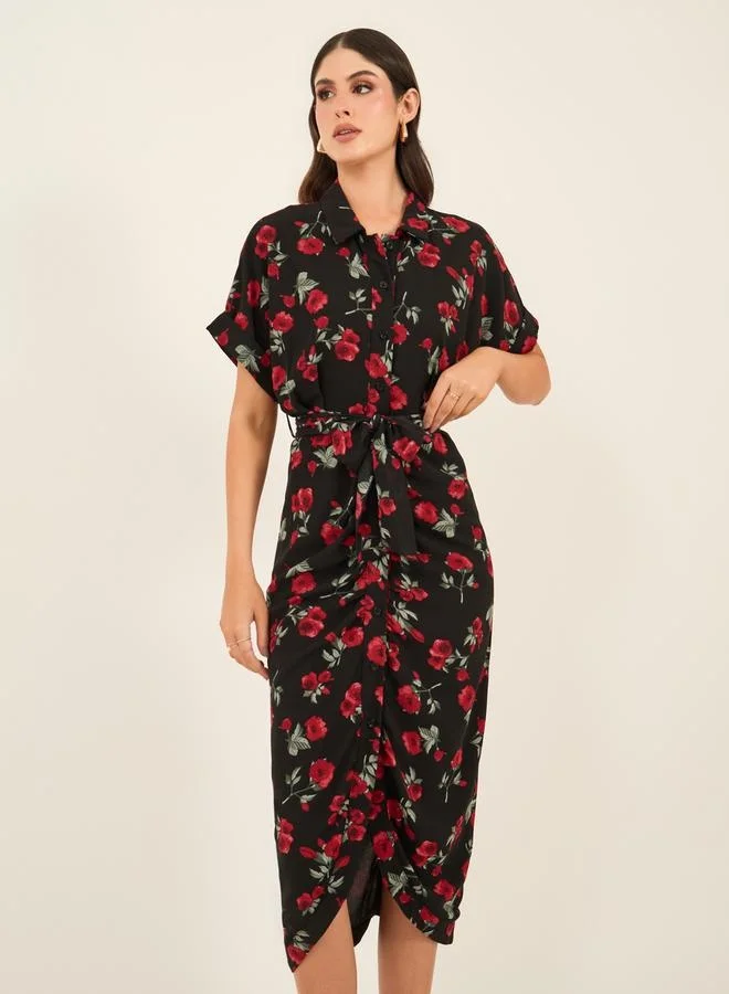 Styli Floral Print Collared Shirt Midi Dress