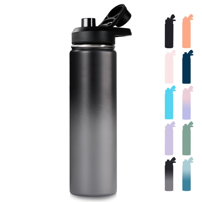 Fijinhom 24 oz Insulated Water Bottle with Handle, 304 Stainless Steel Water Bottles with Wide Mouth, Double Wall Vacuum Sports Water Bottle, BPA Free, Keep Cold and Hot, Black/Gray - Image 1