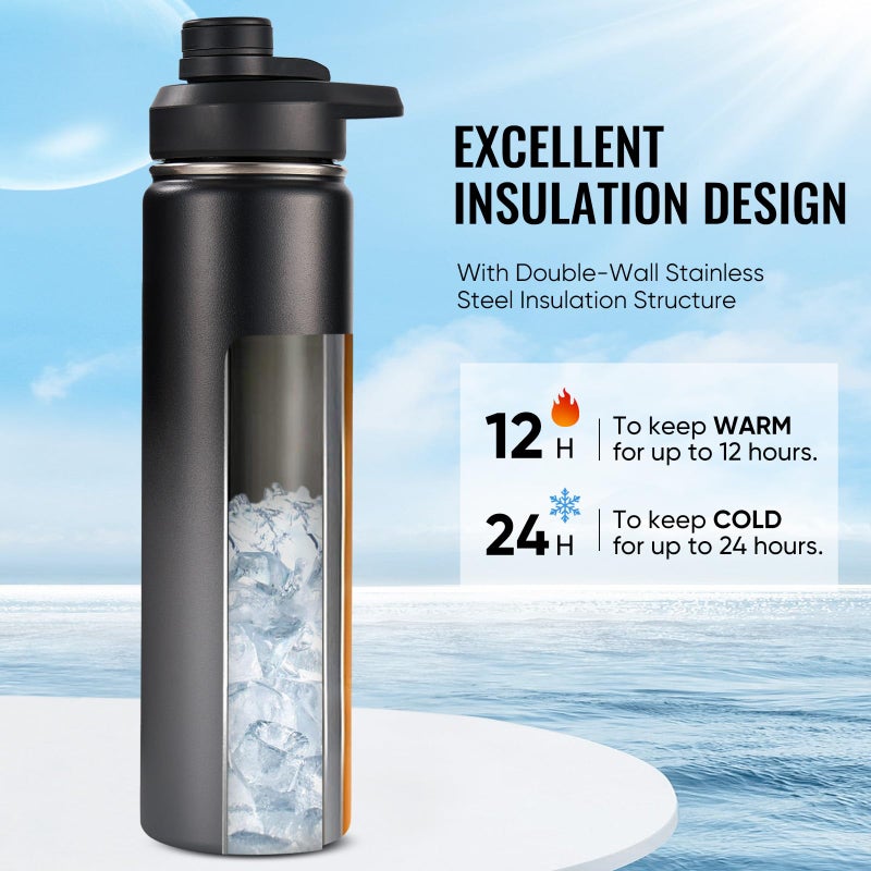 Fijinhom 24 oz Insulated Water Bottle with Handle, 304 Stainless Steel Water Bottles with Wide Mouth, Double Wall Vacuum Sports Water Bottle, BPA Free, Keep Cold and Hot, Black/Gray - Image 3
