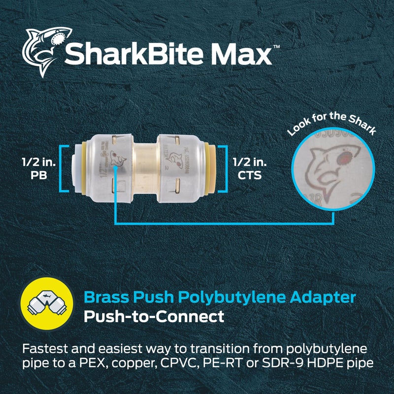 SharkBite Max 1/2 Inch Polybutylene Transition Coupling, Push to Connect Brass Plumbing Fitting, PEX Pipe, Copper, CPVC, PE-RT, HDPE, UR4008A - Image 2