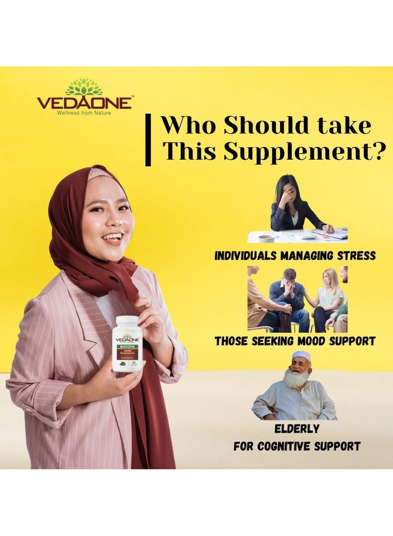 VedaOne Natural Bacopa monnieri (Brahmi) Veg Capsules | 450mg | 60 Capsules | Organic Supplement for Brain Health | Supports Cognitive & Memory Enhancement, Stress Relief, Focus & Mental Clarity - Image 4