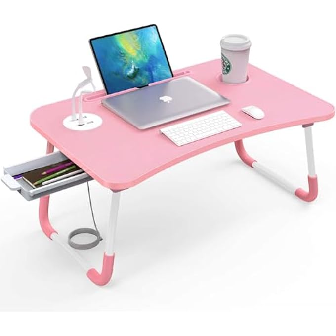 rayihni LAPTOP BED TABLE WITH USB PORT, PORTABLE BED TRAY, LAP DESK WITH DRAWER/CUP HOLDER FOR EATING, WRITING, READING, WORKING ON BED/COUCH/SOFA WITH LITTLE GIFT (SMALL LAMP, SMALL FAN)-PINK - Image 1
