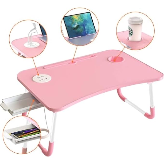 rayihni LAPTOP BED TABLE WITH USB PORT, PORTABLE BED TRAY, LAP DESK WITH DRAWER/CUP HOLDER FOR EATING, WRITING, READING, WORKING ON BED/COUCH/SOFA WITH LITTLE GIFT (SMALL LAMP, SMALL FAN)-PINK - Image 2