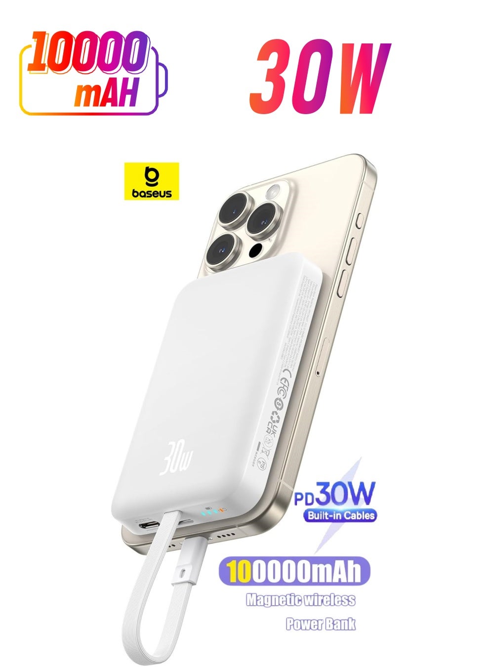 Magnetic Power Bank, 30W PD Fast Charging 10000mAh Portable Charger with Built-in USB-C Cable (Input and Output), Compact Magsafe-Compatible Battery Pack for iPhone 16 Plus/16 Pro/16 Pro Max, iPhone 15/14/13/12 Series, Samsung Galaxy S24/S23, iPad, Google Pixel, and Other USB-C and Wireless Devices White