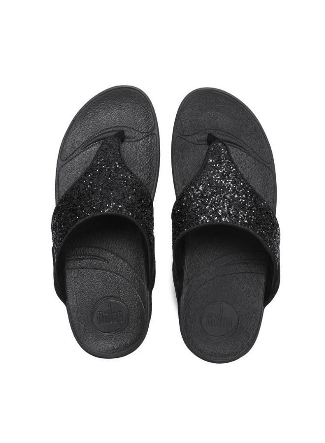 فيت فلوب صندل فت فلوب Lulu Toe-Post نسائي بتصميم لامع وحزام عريض مزين بالترتر، نعل ويدج مريح بتقنية Microwobbleboard وتصميم مفتوح للإصبع - أسود - Image 3